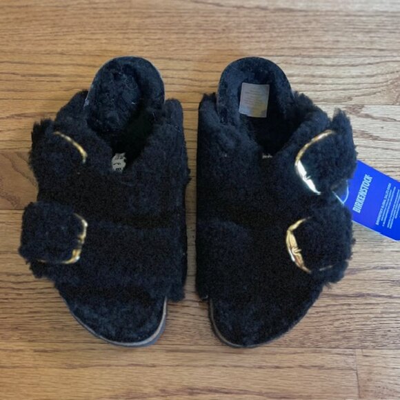 BIRKENSTOCK: WOMENS ‘ARIZONA BIG BUCKLE TEDDY RIVET’ FUR SLIDE SANDALS-SIZE 38-7 - Picture 5 of 6